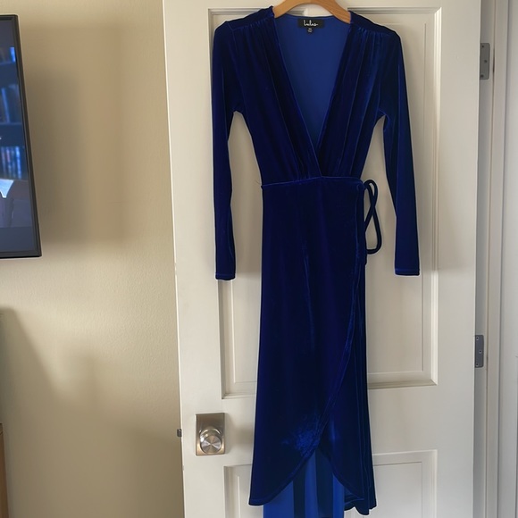 Lulus Enchant Me Cobalt Blue Velvet Midi Wrap Dress - Picture 8 of 11